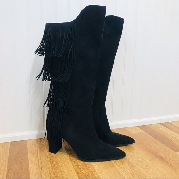 INC Yomesa Black Faux Suede Fringe Knee High‎ Boot Chunky Block Heel Size 11 New - Picture 1 of 15